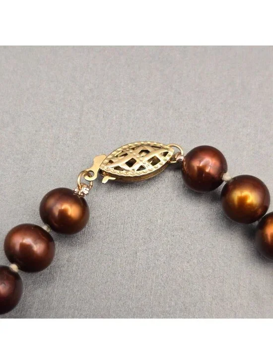 Vintage Bronze Cultured Pearl Necklace 10K Yellow Gold Clasp Hand Knotted 16" - Picture 5 of 10